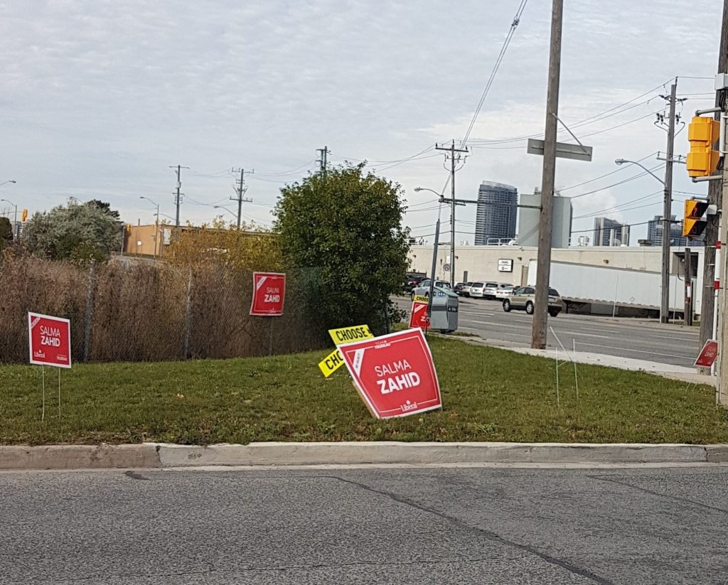 Political signs litter neighbourhoods across Toronto on the 4th day after the federal election and in violation of city sign bylaws.
